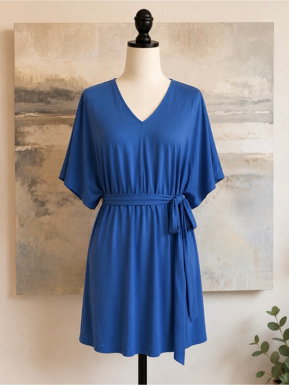 Lush Blue Kimono Sleeve Tie Waist Mini Dress Medium Modal Made in USA